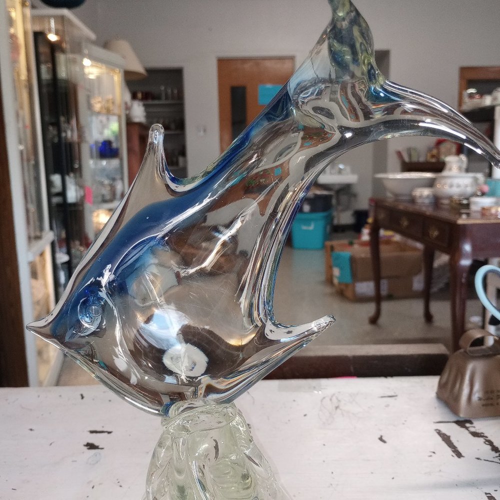 Hand blown art glass large angel fish with blue